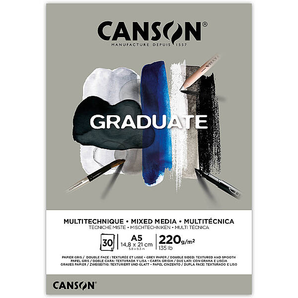 Canson Graduate Mixed Media Çok Amaçlı Defter 220gr A5 30 Yaprak Gri - 1