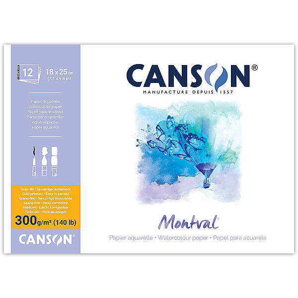 Canson Montval Sulu Boya Defteri 300gr 18X25cm Soğuk Baskı İnce Dokulu 12 Yaprak - 1