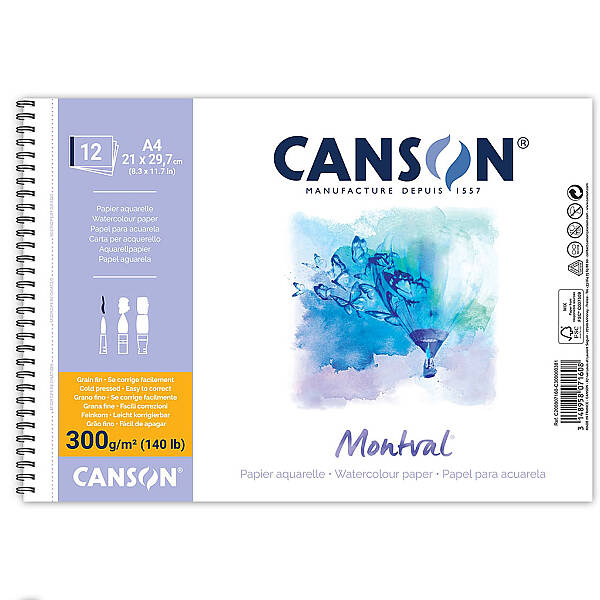 Canson Montval Sulu Boya Defteri 300gr A4 Soğuk Baskı İnce Dokulu 12 Yaprak Spiralli - 1