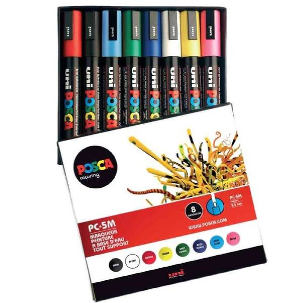 Uni Posca PC-5M Su Bazlı Akrilik Marker Set 7+1 Ana Renkler